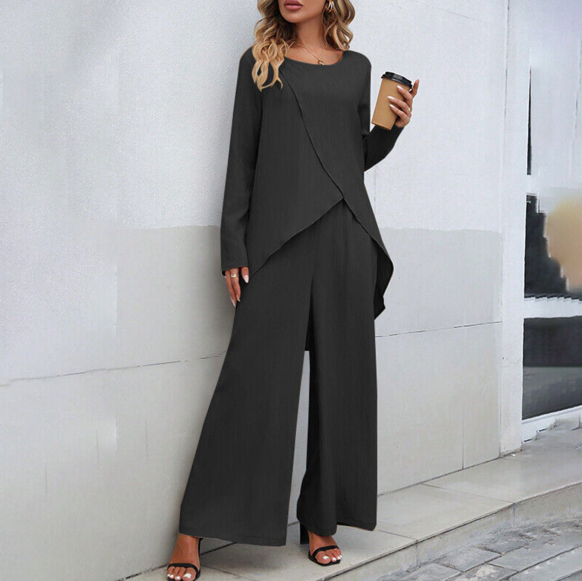 Long Sleeve Wide Leg Trousers Two-piece Set